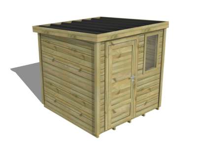 Abri jardin bois pin avec porte simple et fenêtre verticale sur fond blanc