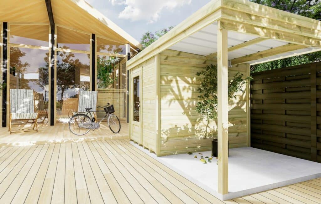 abri de jardin en bois avec extension de toit, chaleur, soleil et été