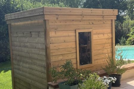 Abri jardin bois moderne utilisé comme local technique, entouré de végétation et adjacent à une piscine