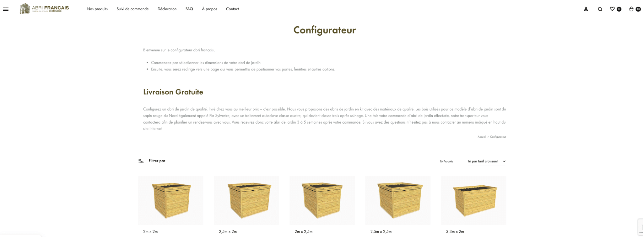 Parcours commande Abri Français — étape configuration