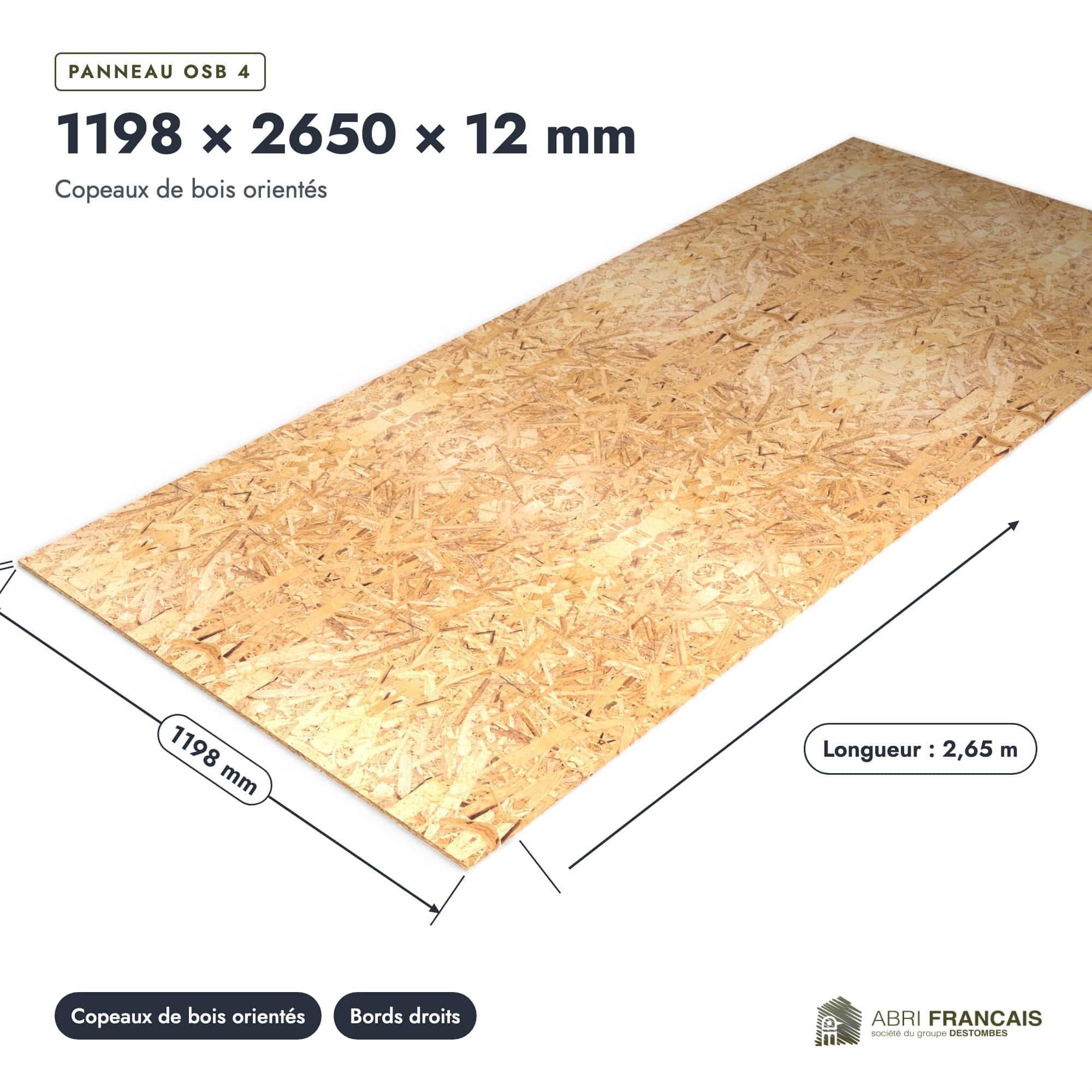 Panneau OSB 1196x2650 à bords droits, OSB 4 de 12 mm, pièce cotée, Abri Français