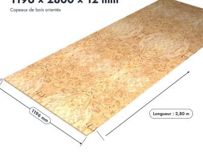 Panneau OSB 1196x2800 à bords droits, OSB 3 de 12 mm, pièce cotée, Abri Français