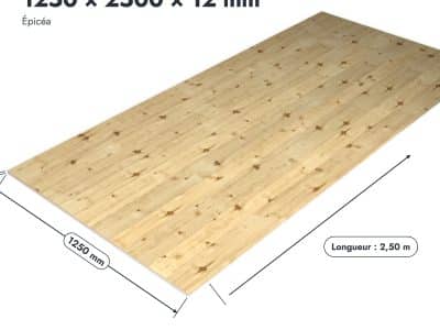 Panneau 3 plis en épicéa – Dimensions 1250x2500 mm – Épaisseur 12 mm, pièce cotée, Abri Français