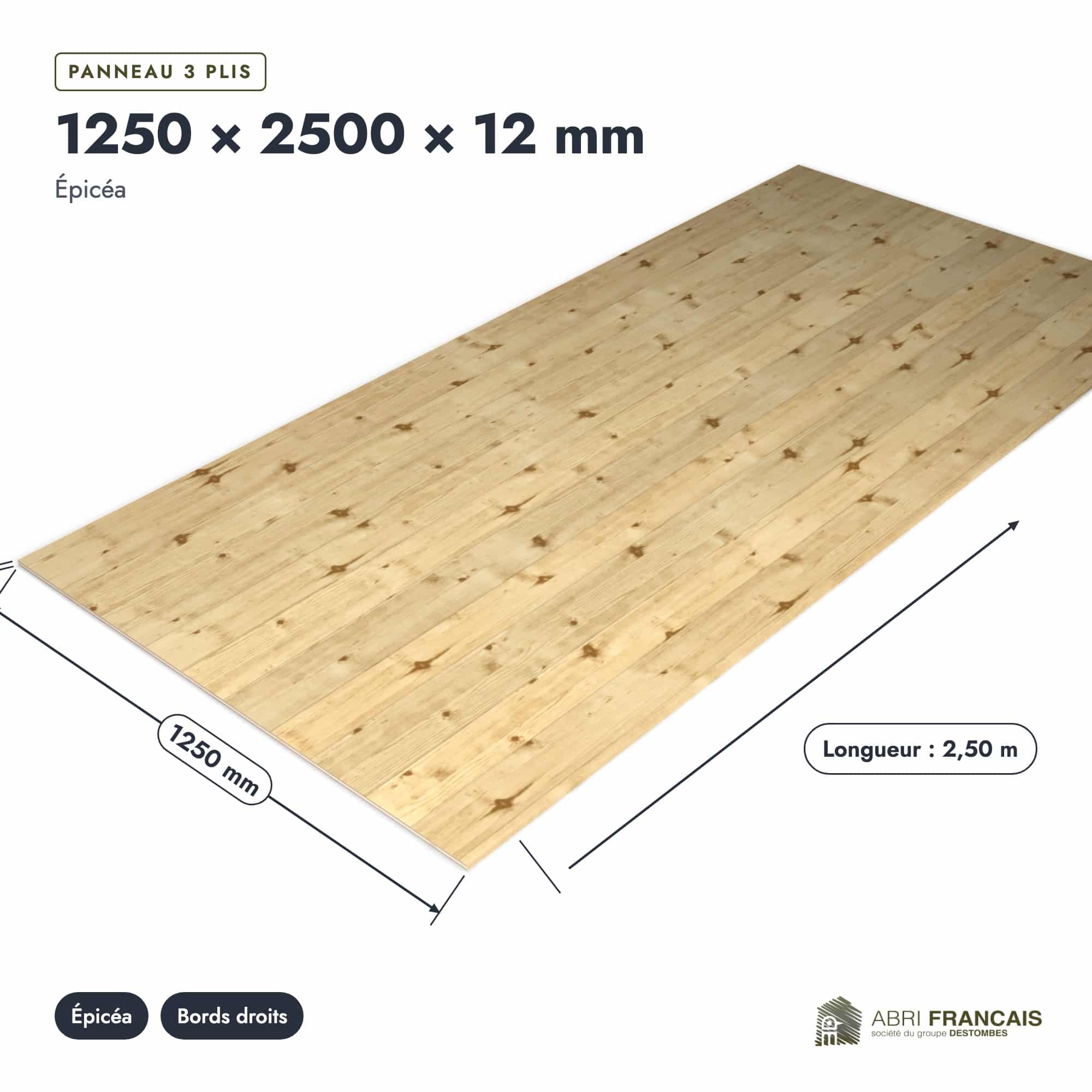 Panneau 3 plis en épicéa – Dimensions 1250x2500 mm – Épaisseur 12 mm, pièce cotée, Abri Français