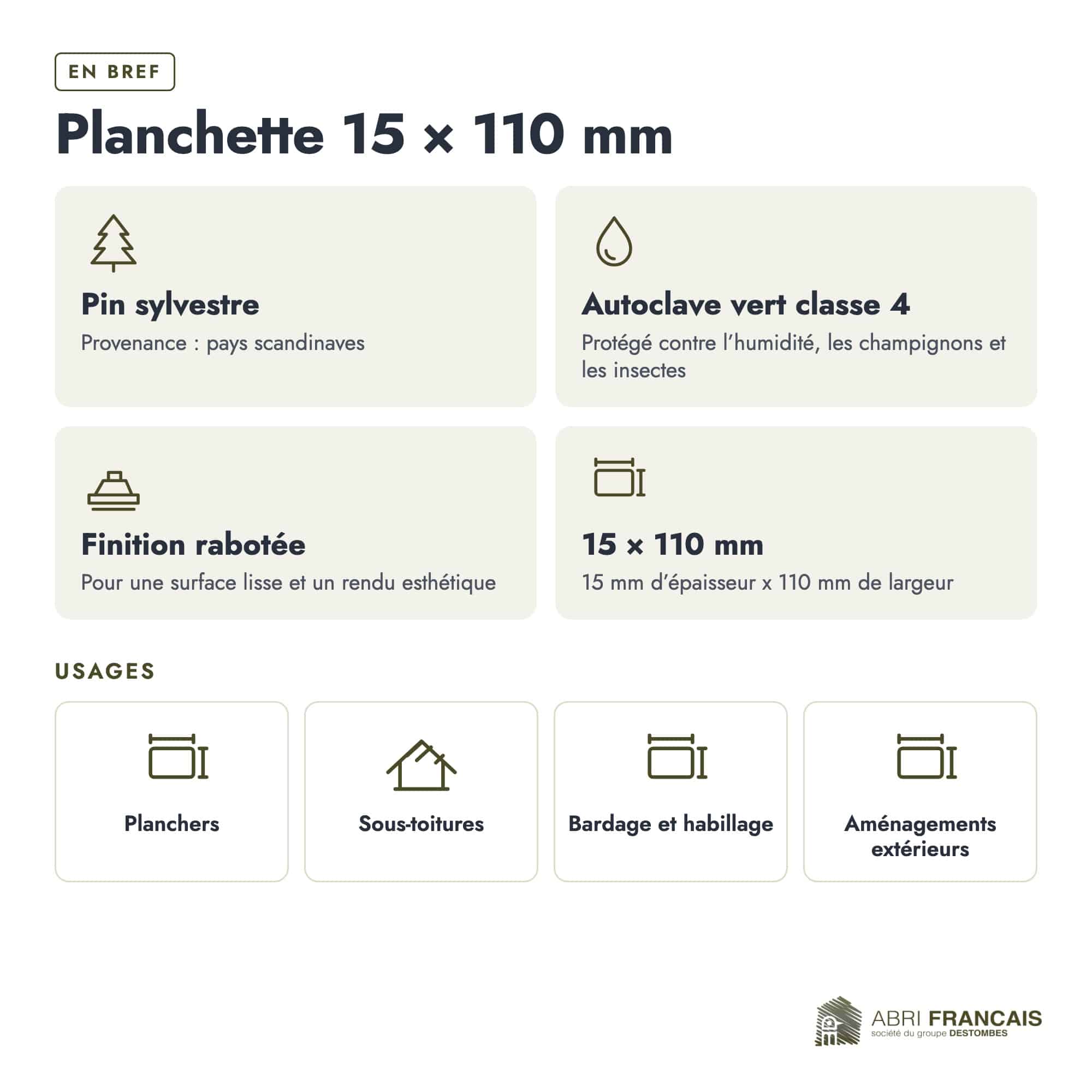 Planchette en pin sylvestre traité autoclave classe 4 – Section 15x110 mm, en bref, Abri Français
