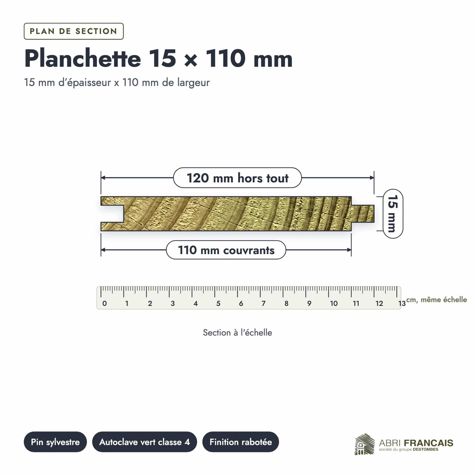 Plan de section coté, sur le vrai bois de bout