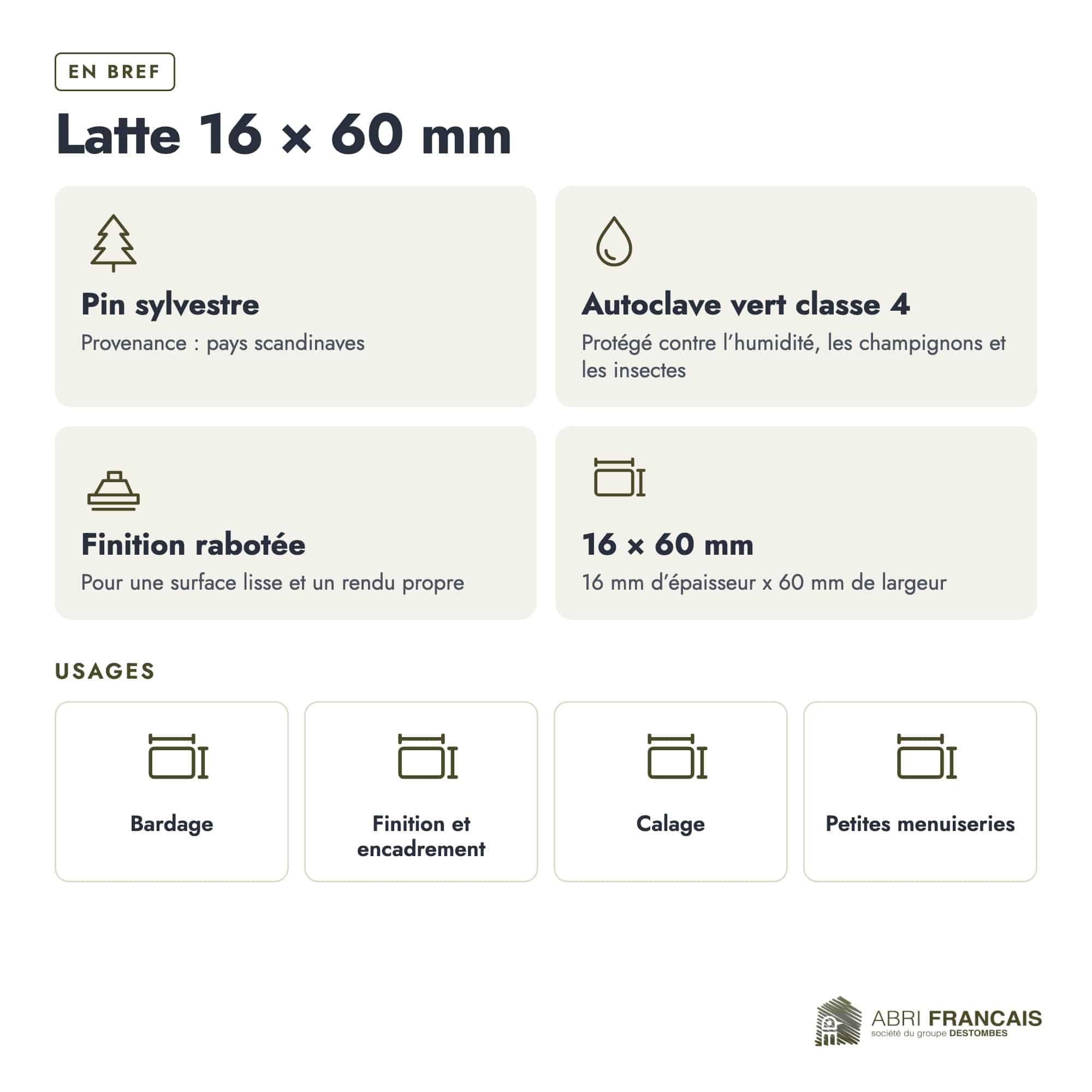 Latte en pin sylvestre traité autoclave vert classe 4 – Section 16x60 mm, en bref, Abri Français