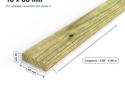 Latte en pin sylvestre traité autoclave vert classe 4 – Section 16x60 mm, pièce cotée, Abri Français