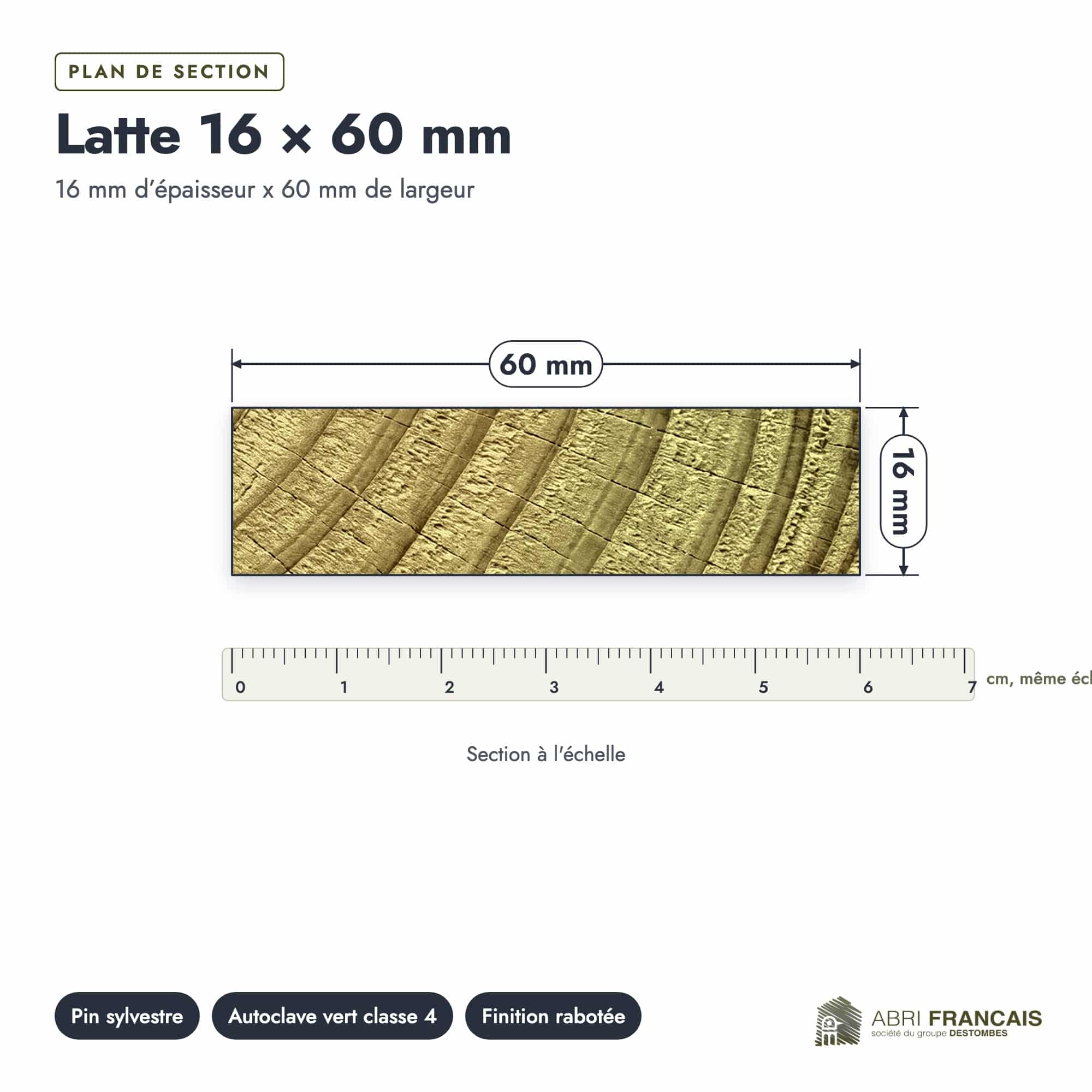 Latte en pin sylvestre traité autoclave vert classe 4 – Section 16x60 mm, plan de section, Abri Français
