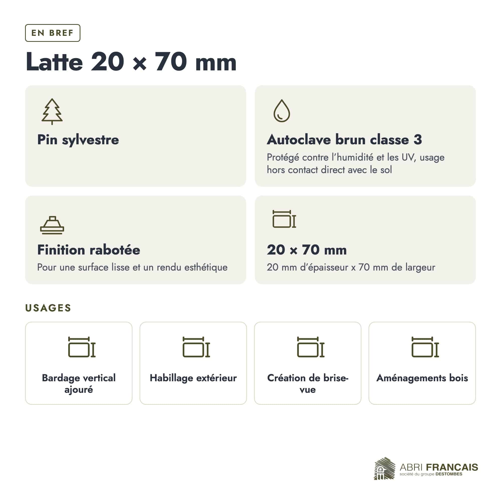 Latte en pin sylvestre traité autoclave brun classe 3 – Section 20x70 mm, en bref, Abri Français