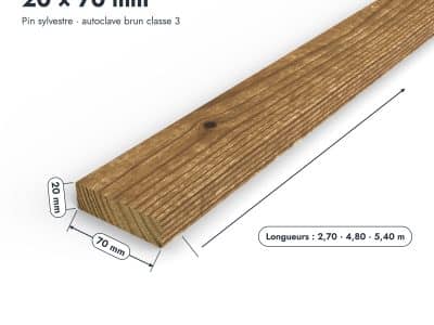 Latte en pin sylvestre traité autoclave brun classe 3 – Section 20x70 mm, pièce cotée, Abri Français