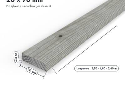 Latte en pin sylvestre traité autoclave gris classe 3 – Section 20x70 mm, pièce cotée, Abri Français