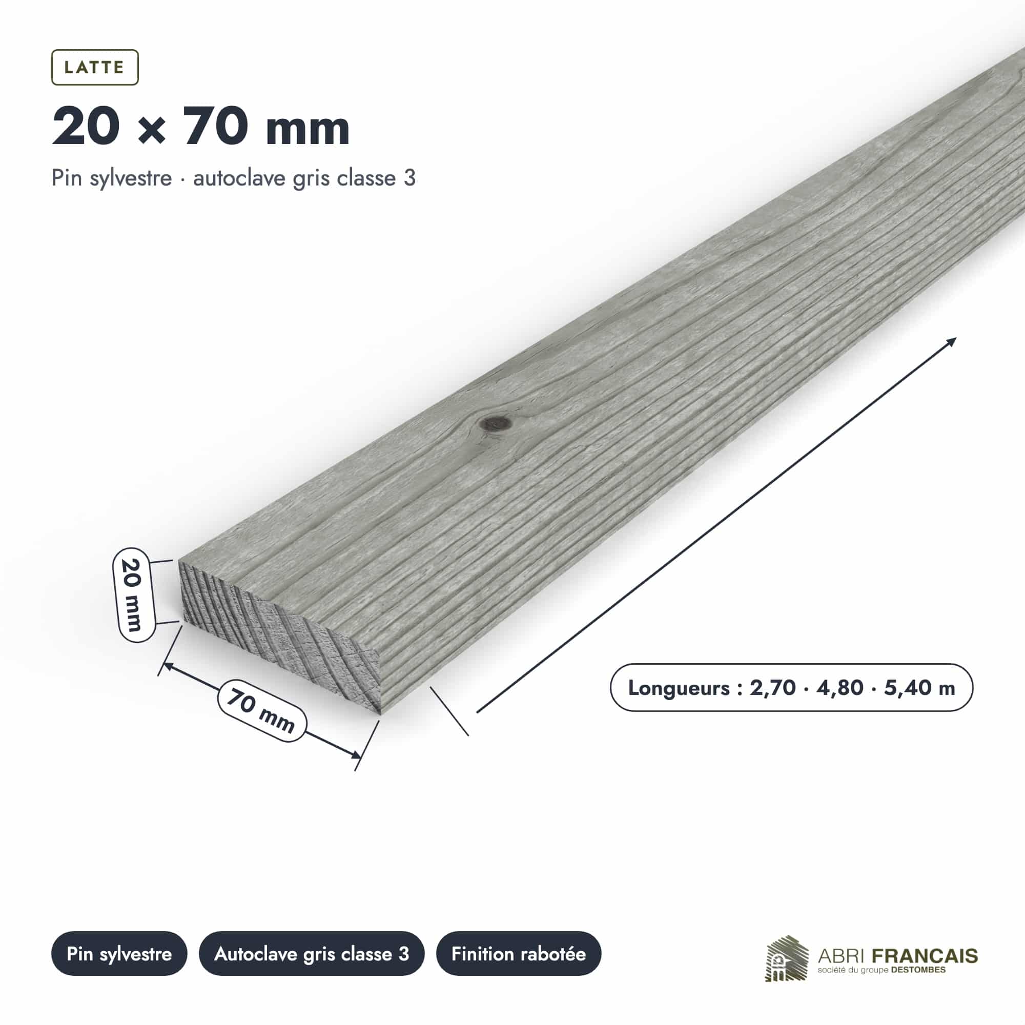 Latte en pin sylvestre traité autoclave gris classe 3 – Section 20x70 mm, pièce cotée, Abri Français