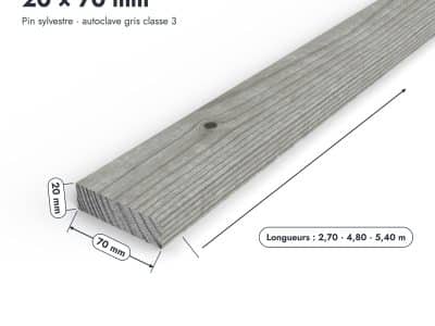 Latte 20x70 grise en pin sylvestre autoclave gris, rabotée : pièce cotée et longueurs