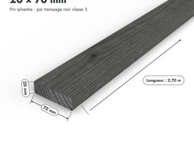 Latte en pin sylvestre traité par trempage noir classe 3 – Section 20x70 mm, pièce cotée, Abri Français