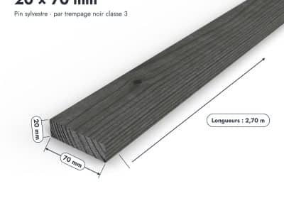 Latte 20x70 noire en pin sylvestre traité par trempage, rabotée : pièce cotée et longueurs