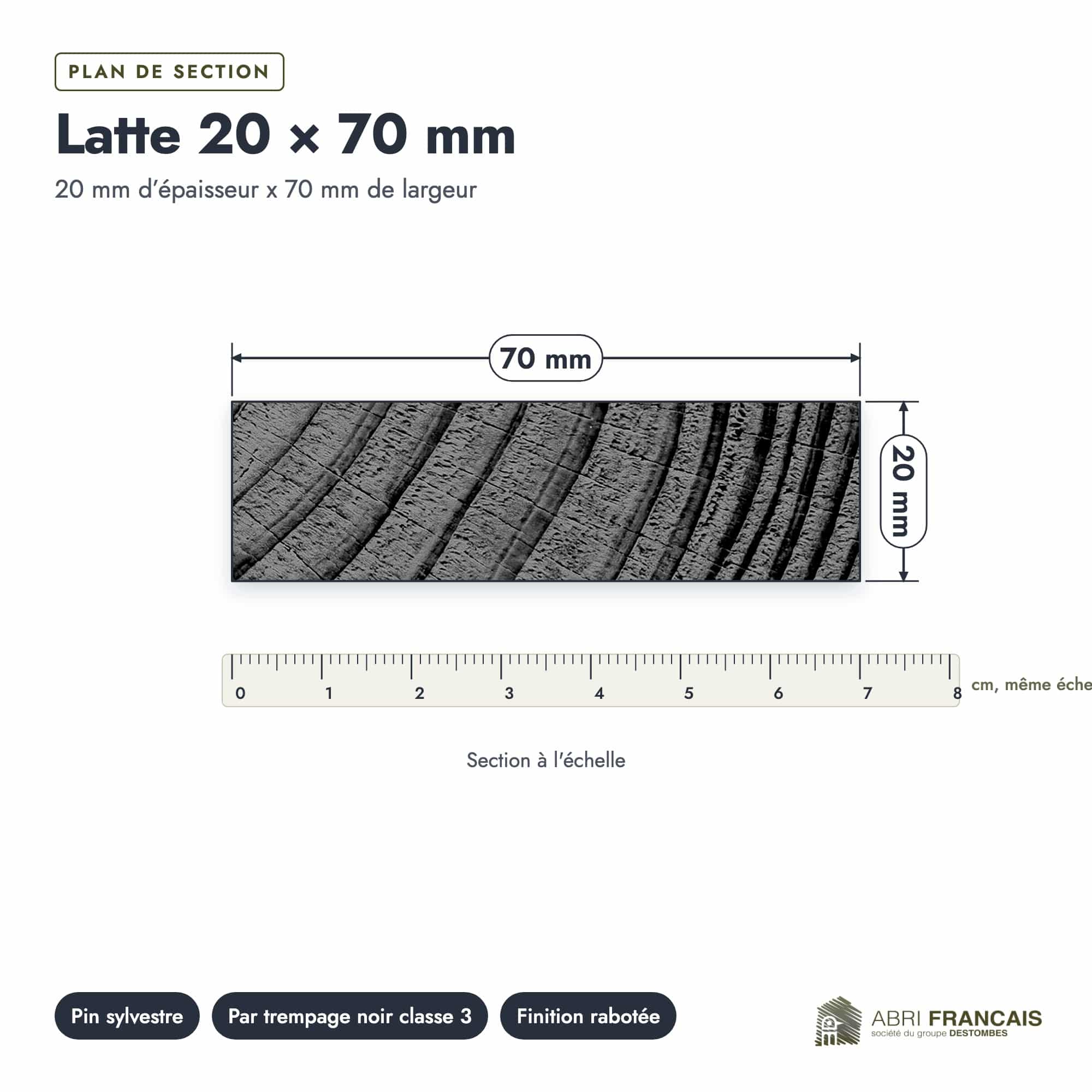 Latte en pin sylvestre traité par trempage noir classe 3 – Section 20x70 mm, plan de section, Abri Français