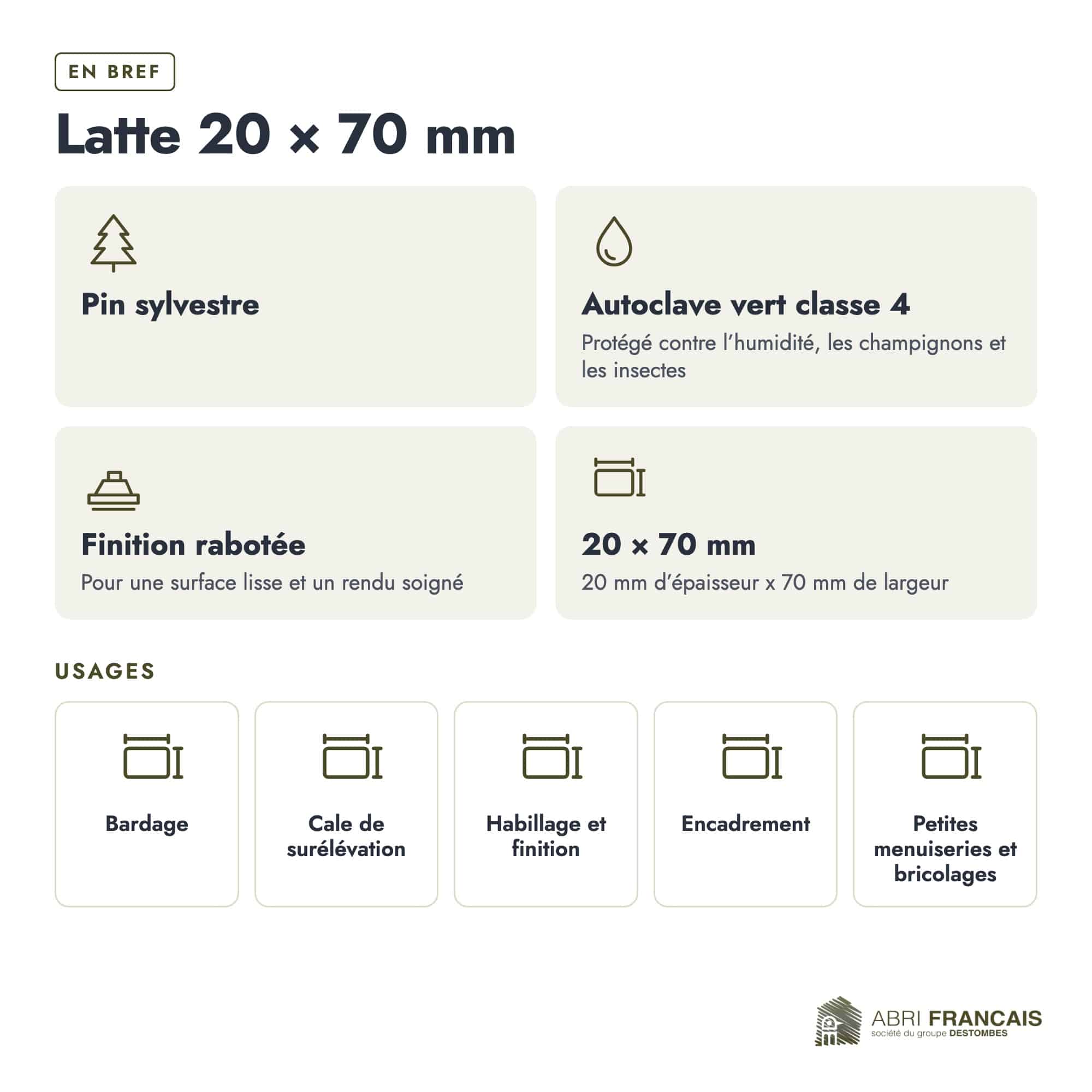 Latte en pin sylvestre traité autoclave vert classe 4 – Section 20x70 mm, en bref, Abri Français