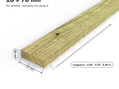 Latte en pin sylvestre traité autoclave vert classe 4 – Section 20x70 mm, pièce cotée, Abri Français