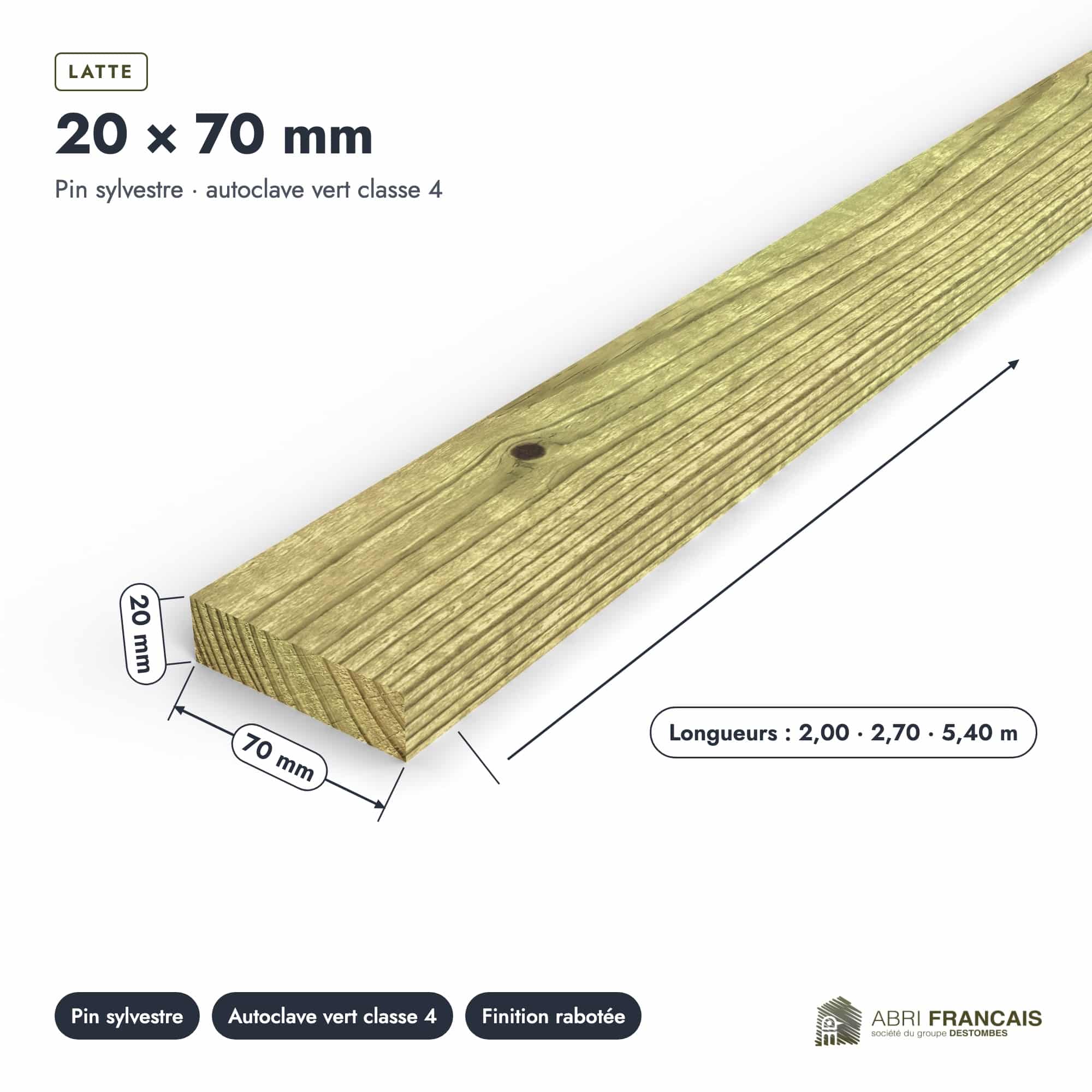 Latte en pin sylvestre traité autoclave vert classe 4 – Section 20x70 mm, pièce cotée, Abri Français