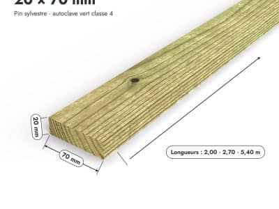 Latte 20x70 verte en pin sylvestre traité autoclave, rabotée : pièce cotée et longueurs