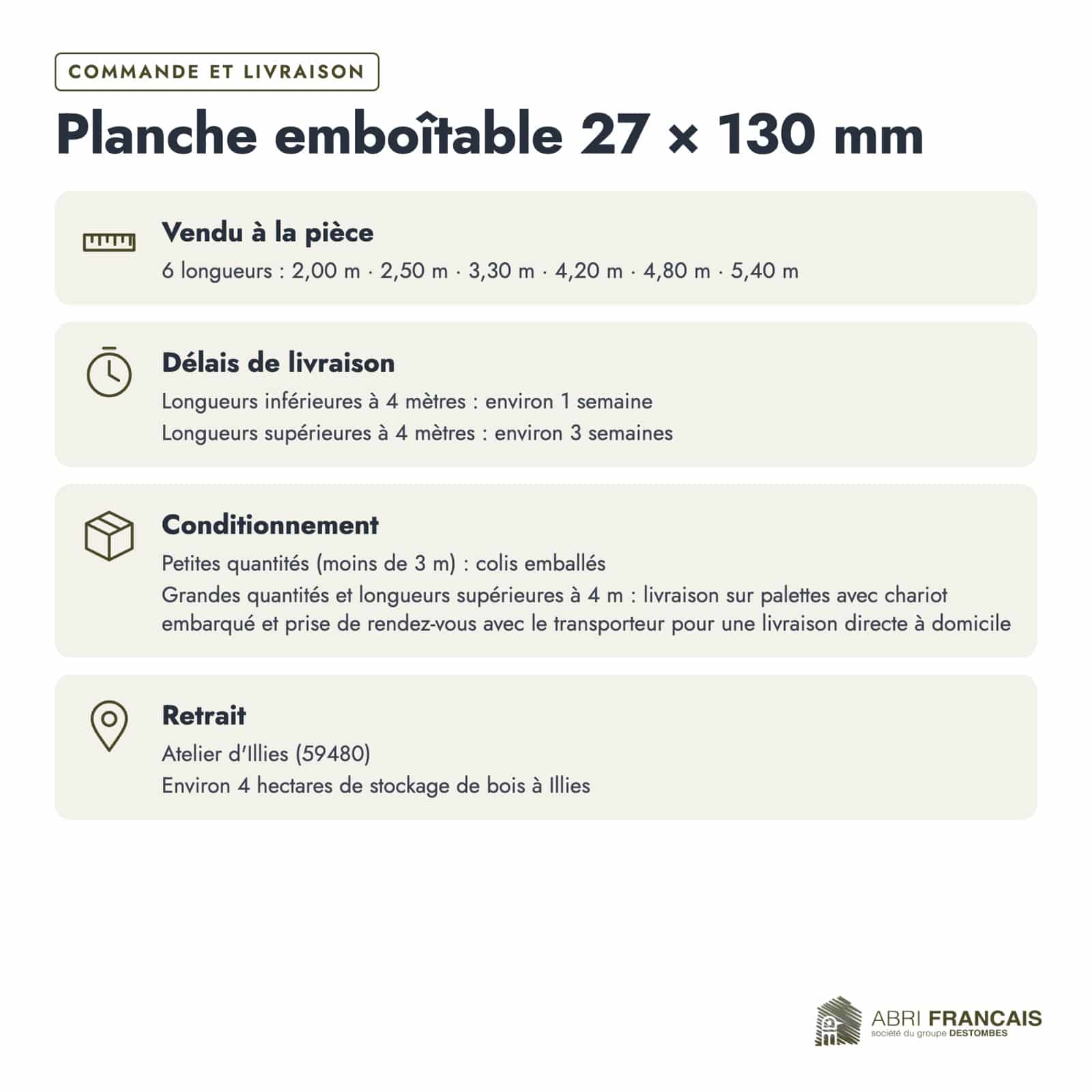 Planche emboîtable en pin sylvestre traité autoclave vert classe 4 – Section 27x130 mm, commande et livraison, Abri Français