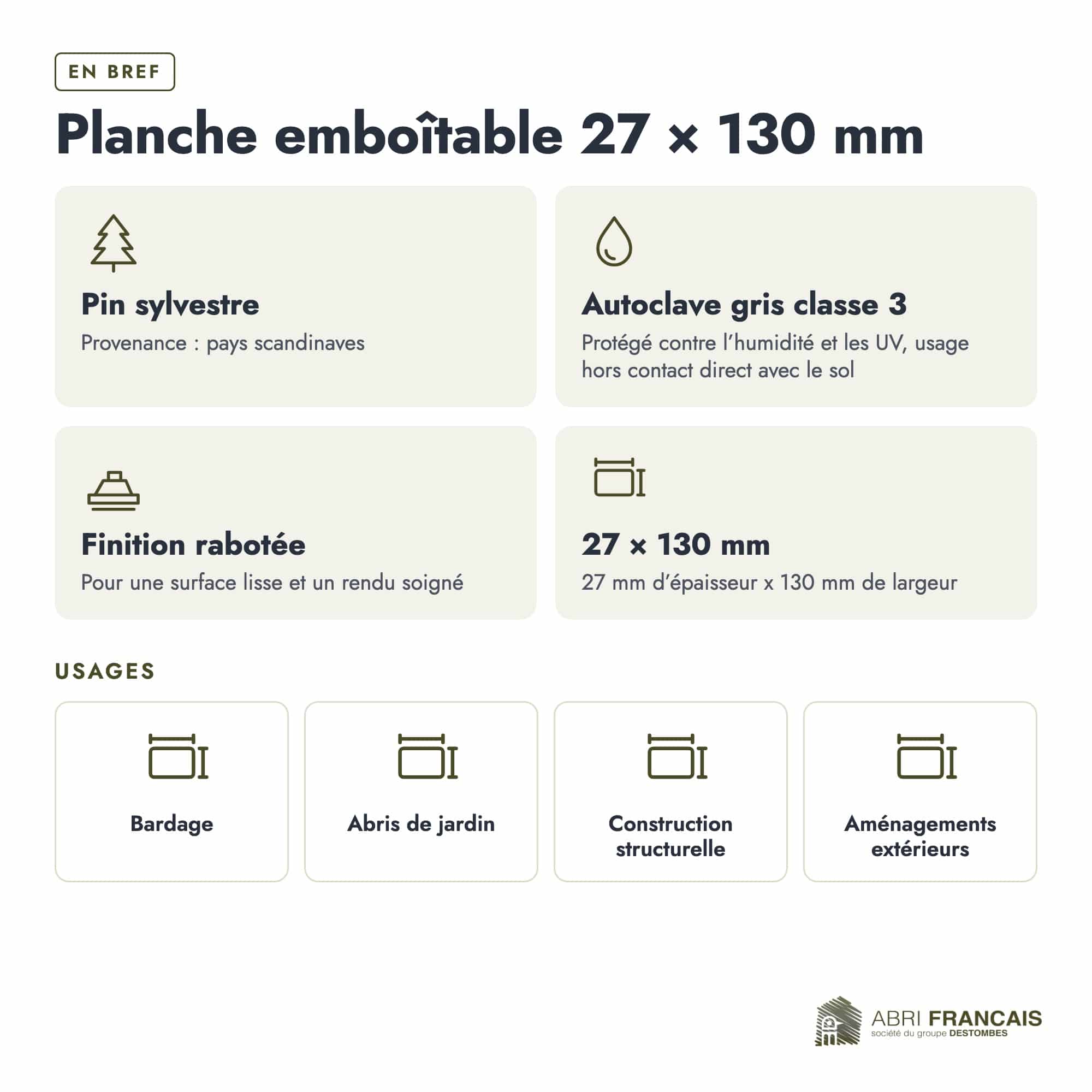 Planche emboîtable en pin sylvestre traité autoclave gris classe 3 – Section 27x130 mm, en bref, Abri Français