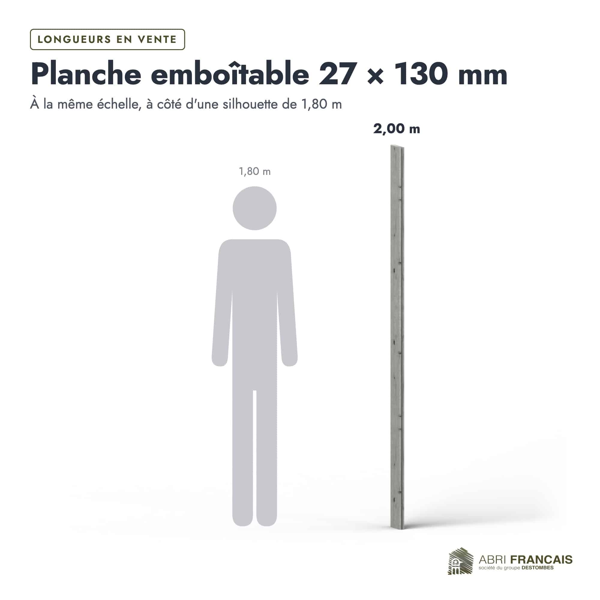 Planche emboîtable en pin sylvestre traité autoclave gris classe 3 – Section 27x130 mm, longueurs, Abri Français