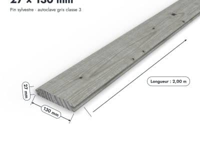 Planche emboîtable en pin sylvestre traité autoclave gris classe 3 – Section 27x130 mm, pièce cotée, Abri Français