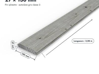 Planche emboîtable grise 27x130 en pin sylvestre autoclave gris : pièce cotée et longueurs