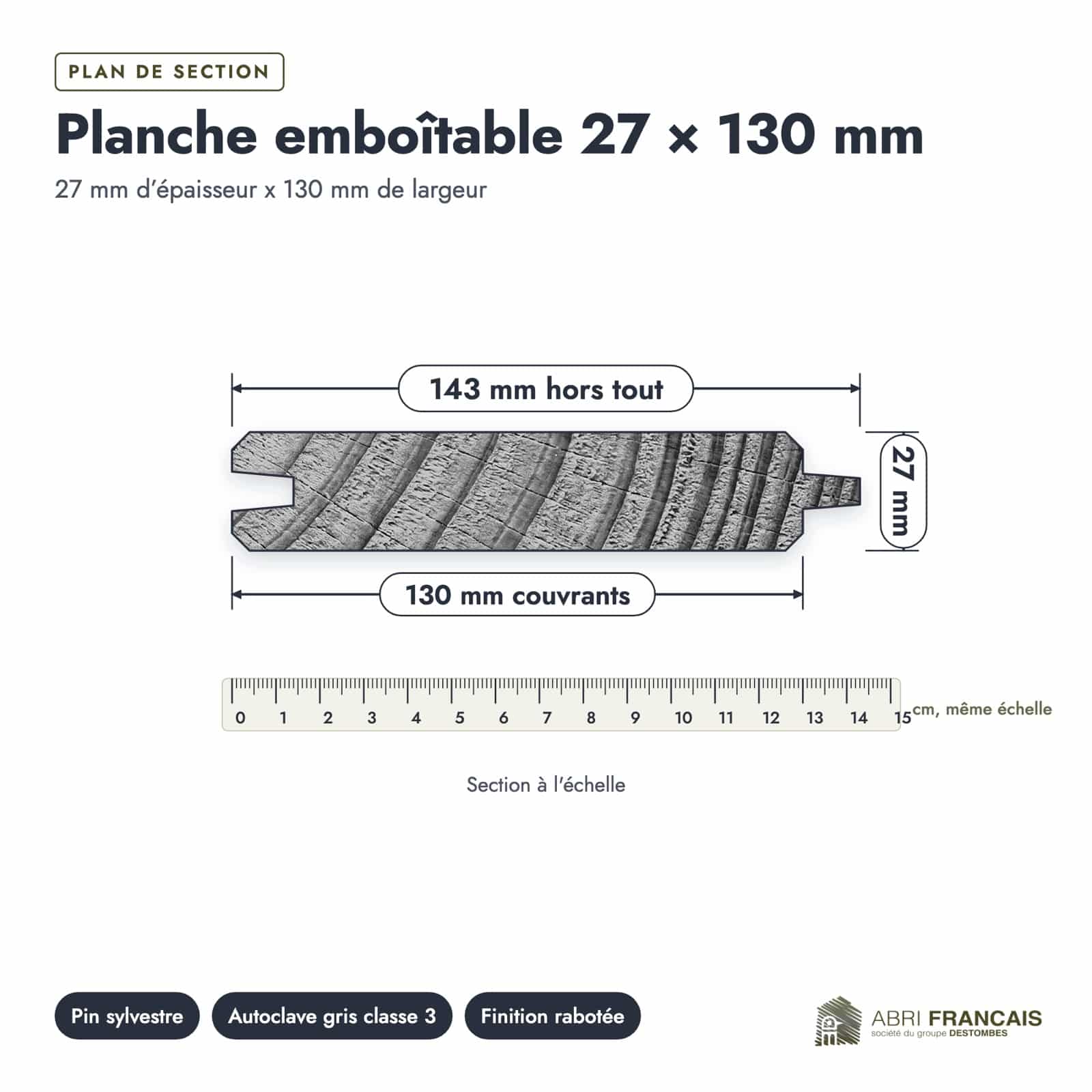 Plan de section coté, sur le vrai bois de bout