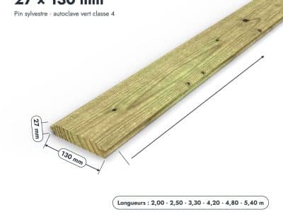 Planche emboîtable 27x130 en pin sylvestre autoclave vert : pièce cotée et longueurs