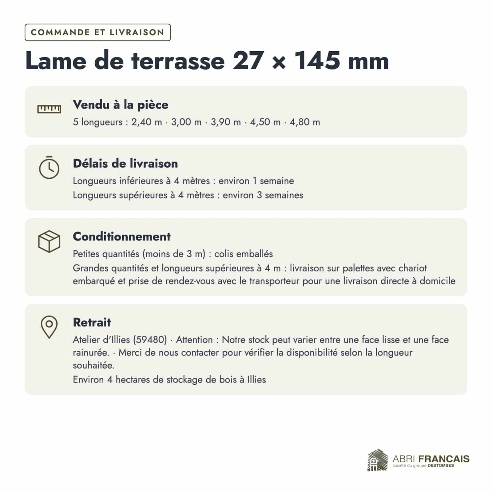 Lame de terrasse en pin sylvestre traité autoclave vert classe 4 – Section 27x145 mm, commande et livraison, Abri Français