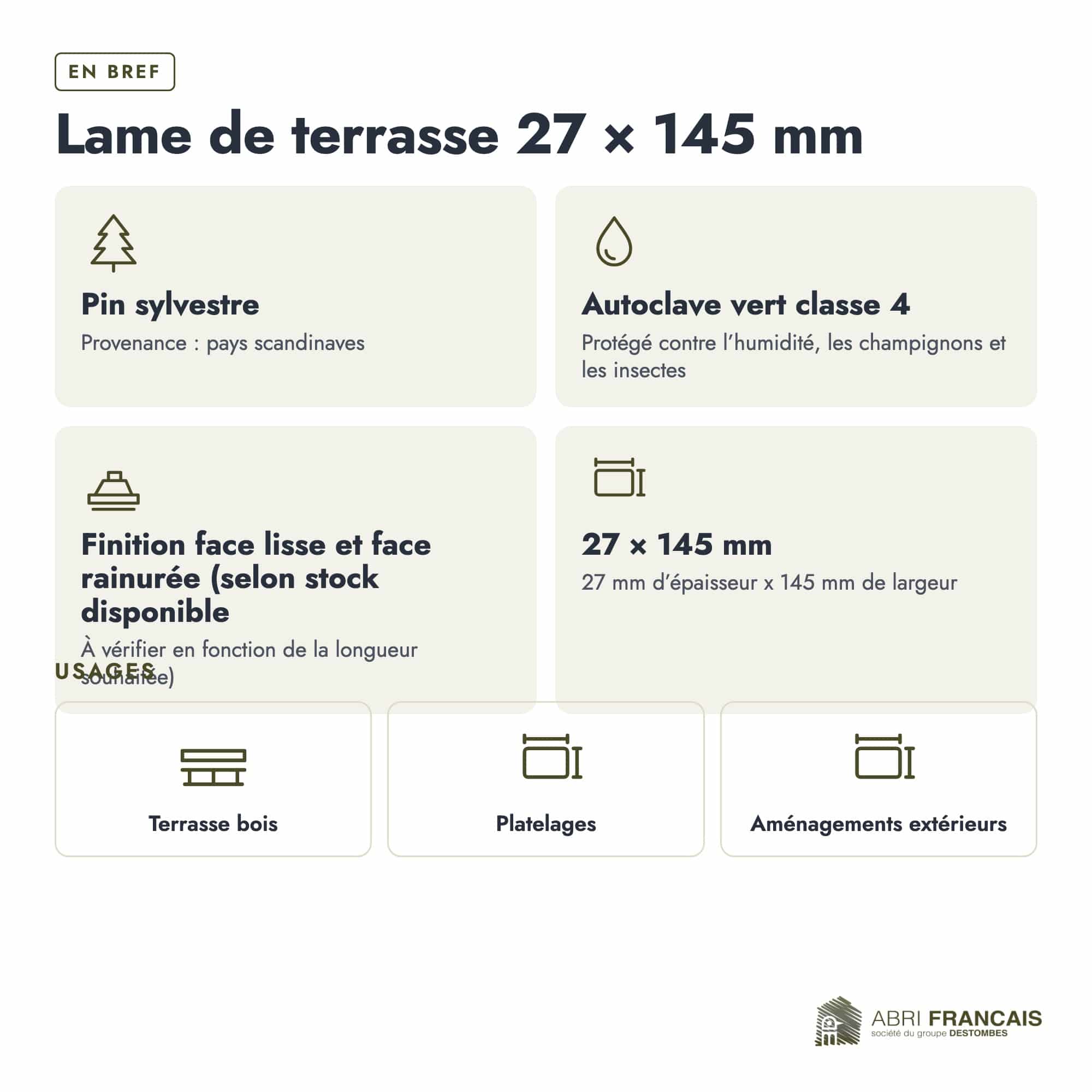 Lame de terrasse en pin sylvestre traité autoclave vert classe 4 – Section 27x145 mm, en bref, Abri Français