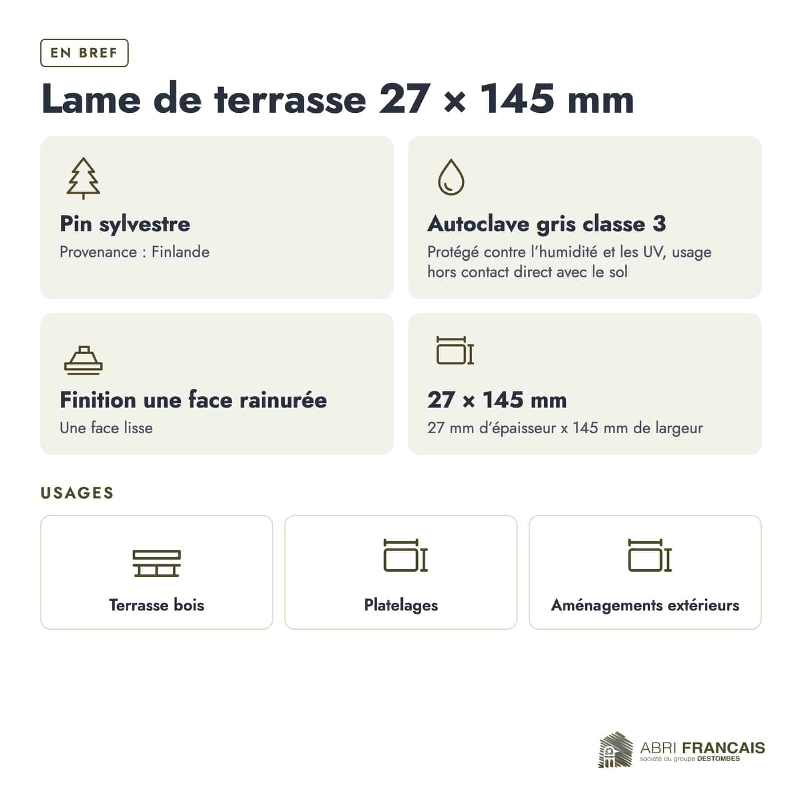 Lame terrasse pin gris 27x145 mm, face rainurée ou lisse : en bref