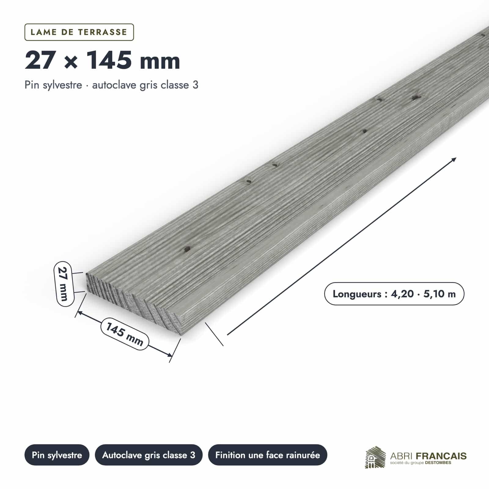 Lame terrasse pin gris 27x145 mm, face rainurée ou lisse : piece cotee