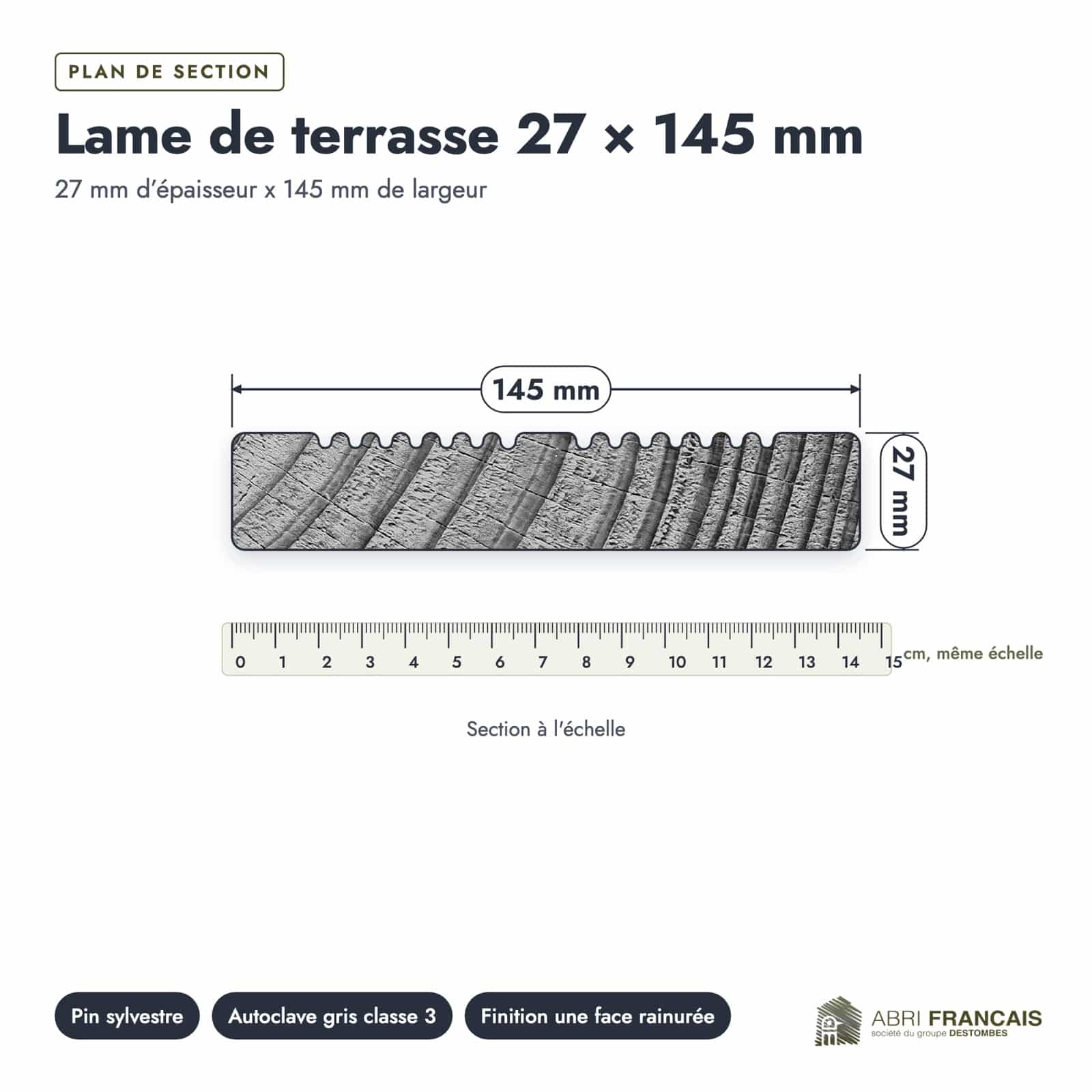 Lame terrasse pin gris 27x145 mm, face rainurée ou lisse : plan section