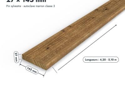 Lame terrasse pin marron 27x145 mm, pin de Suède traité : piece cotee