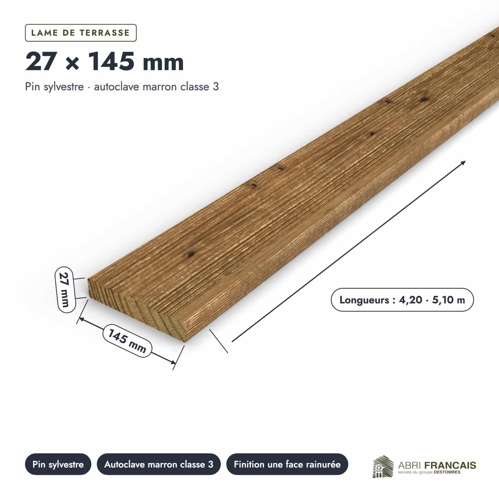 Lame terrasse pin marron 27x145 mm, pin de Suède traité : piece cotee