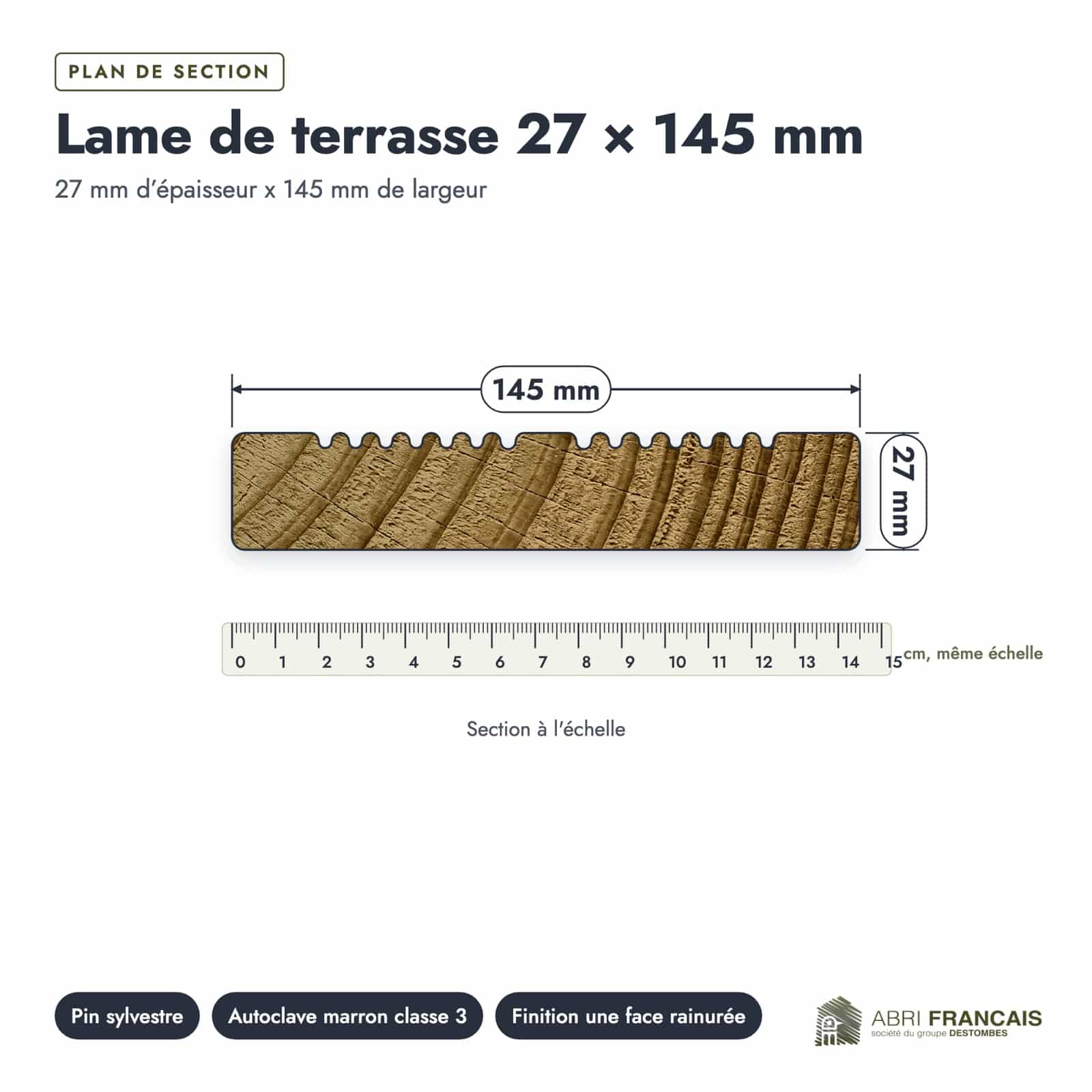 Lame terrasse pin marron 27x145 mm, pin de Suède traité : plan section