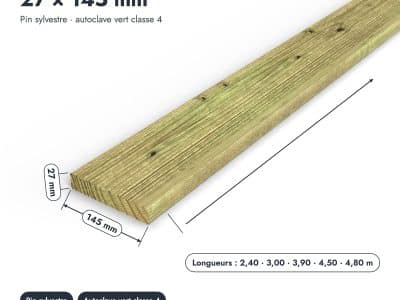Lame de terrasse en pin sylvestre traité autoclave vert classe 4 – Section 27x145 mm, pièce cotée, Abri Français