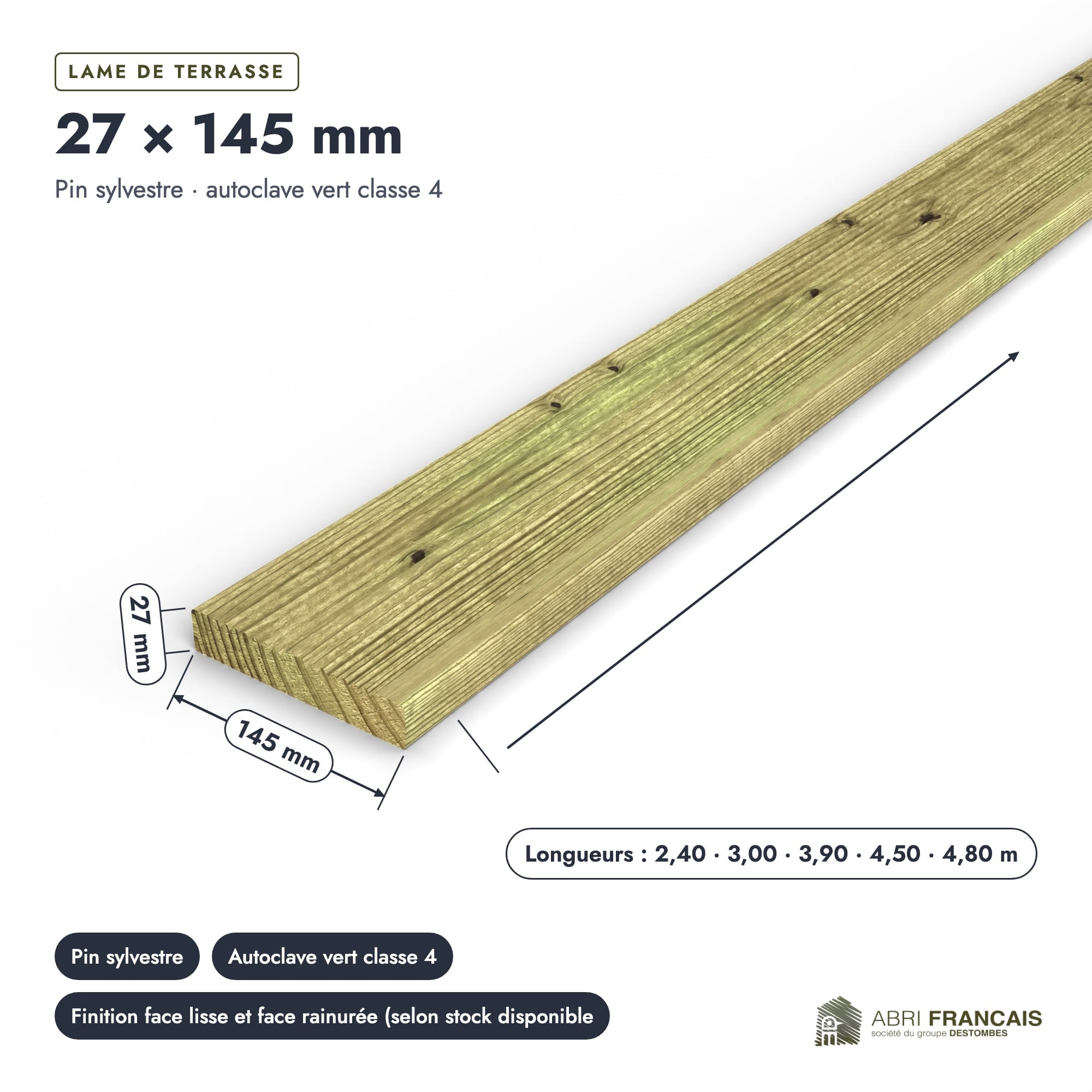 Lame de terrasse en pin sylvestre traité autoclave vert classe 4 – Section 27x145 mm, pièce cotée, Abri Français