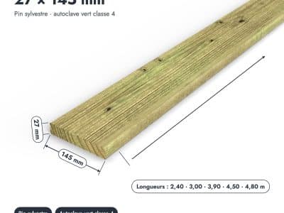Lame de terrasse 27x145 en pin sylvestre traité autoclave vert : pièce cotée et longueurs