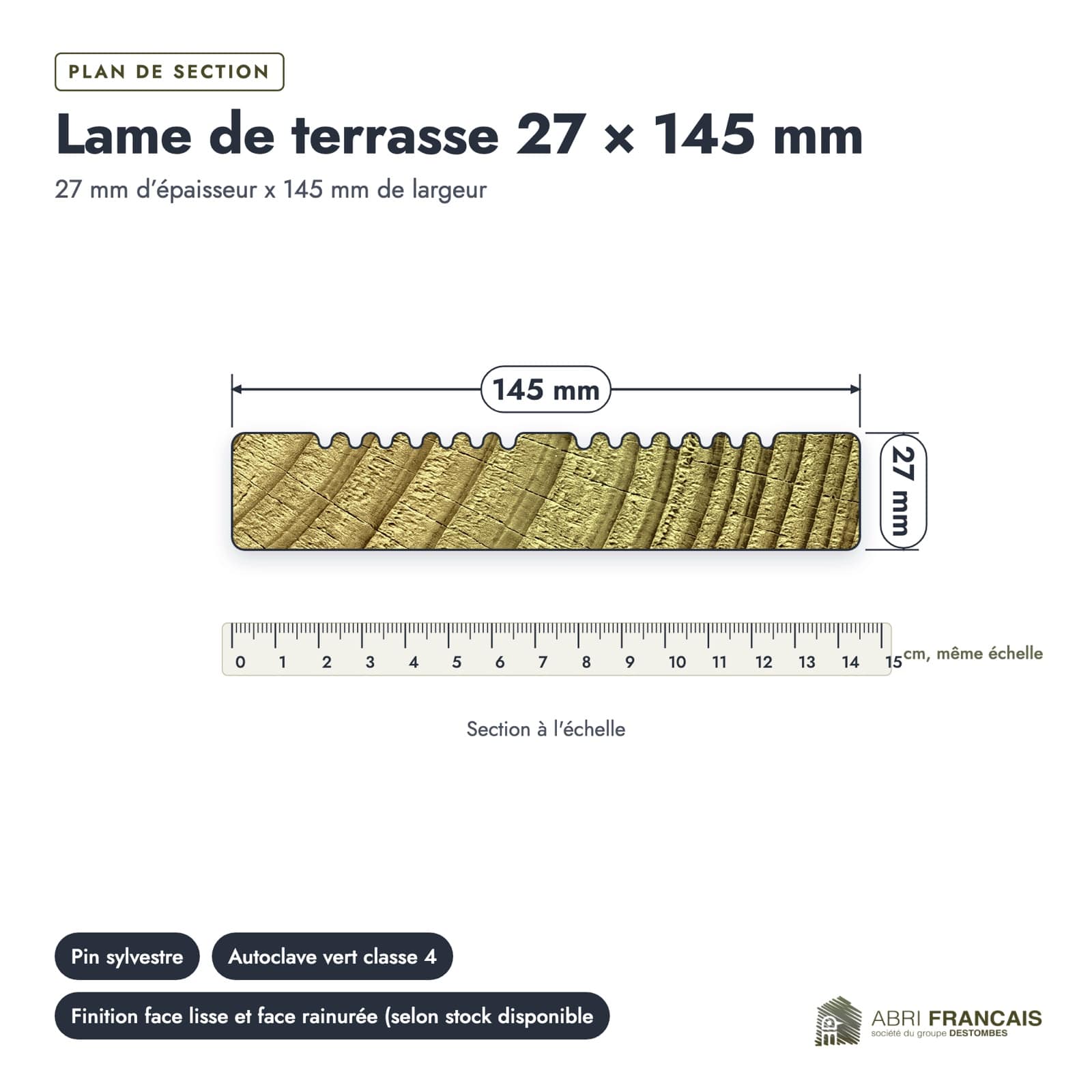 Plan de section coté, sur le vrai bois de bout