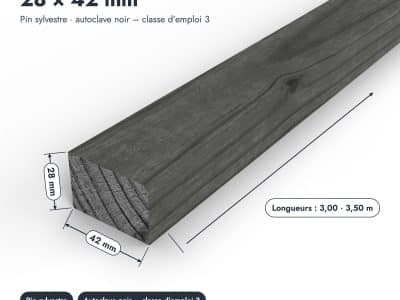 Tasseau en pin sylvestre traité autoclave noir – Section 28x42 mm, pièce cotée, Abri Français