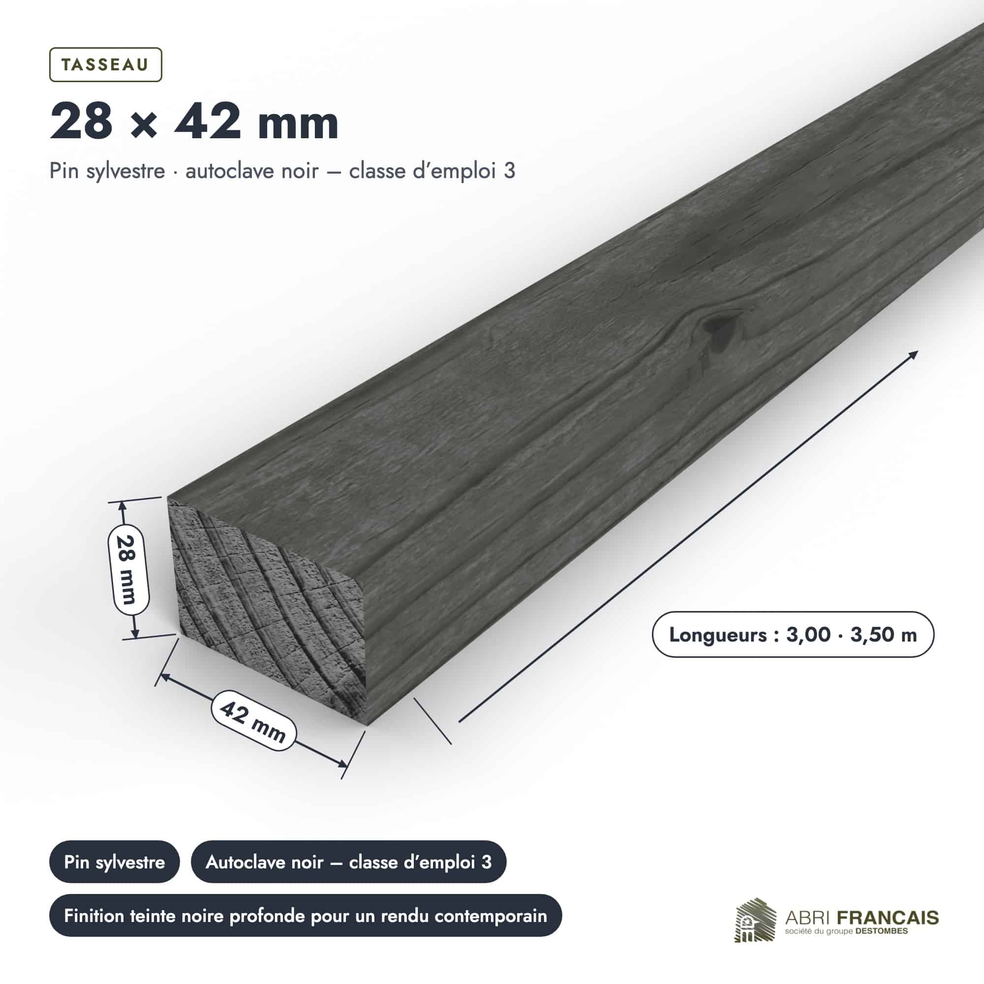 Tasseau en pin sylvestre traité autoclave noir – Section 28x42 mm, pièce cotée, Abri Français