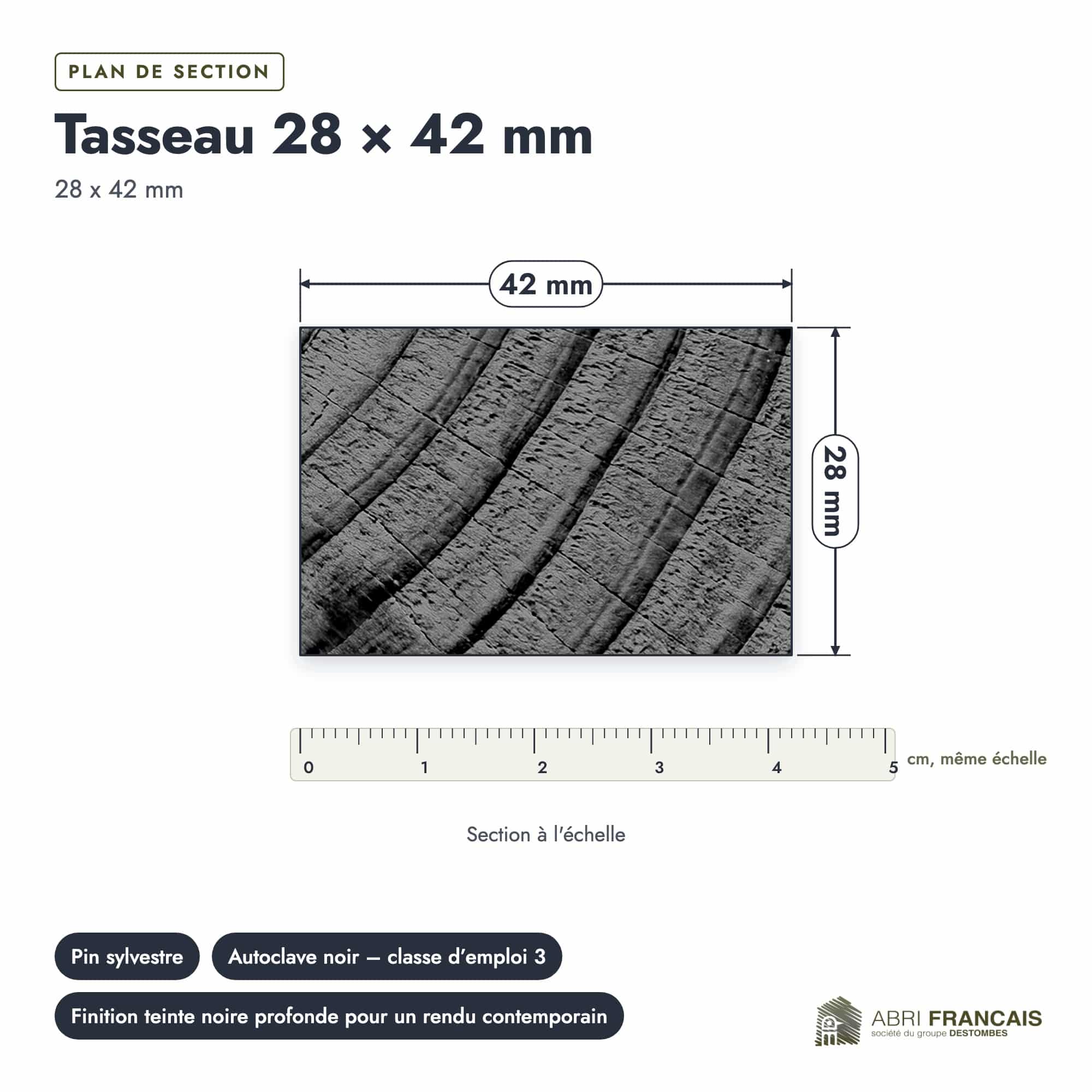 Tasseau en pin sylvestre traité autoclave noir – Section 28x42 mm, plan de section, Abri Français