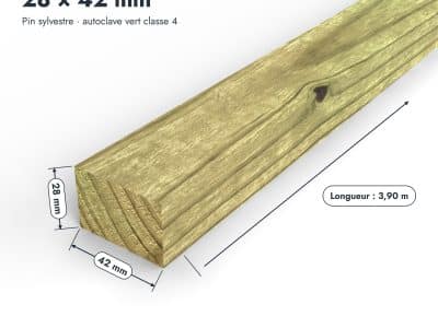 Liteau en pin sylvestre traité autoclave vert classe 4 – Section 28x42 mm, pièce cotée, Abri Français