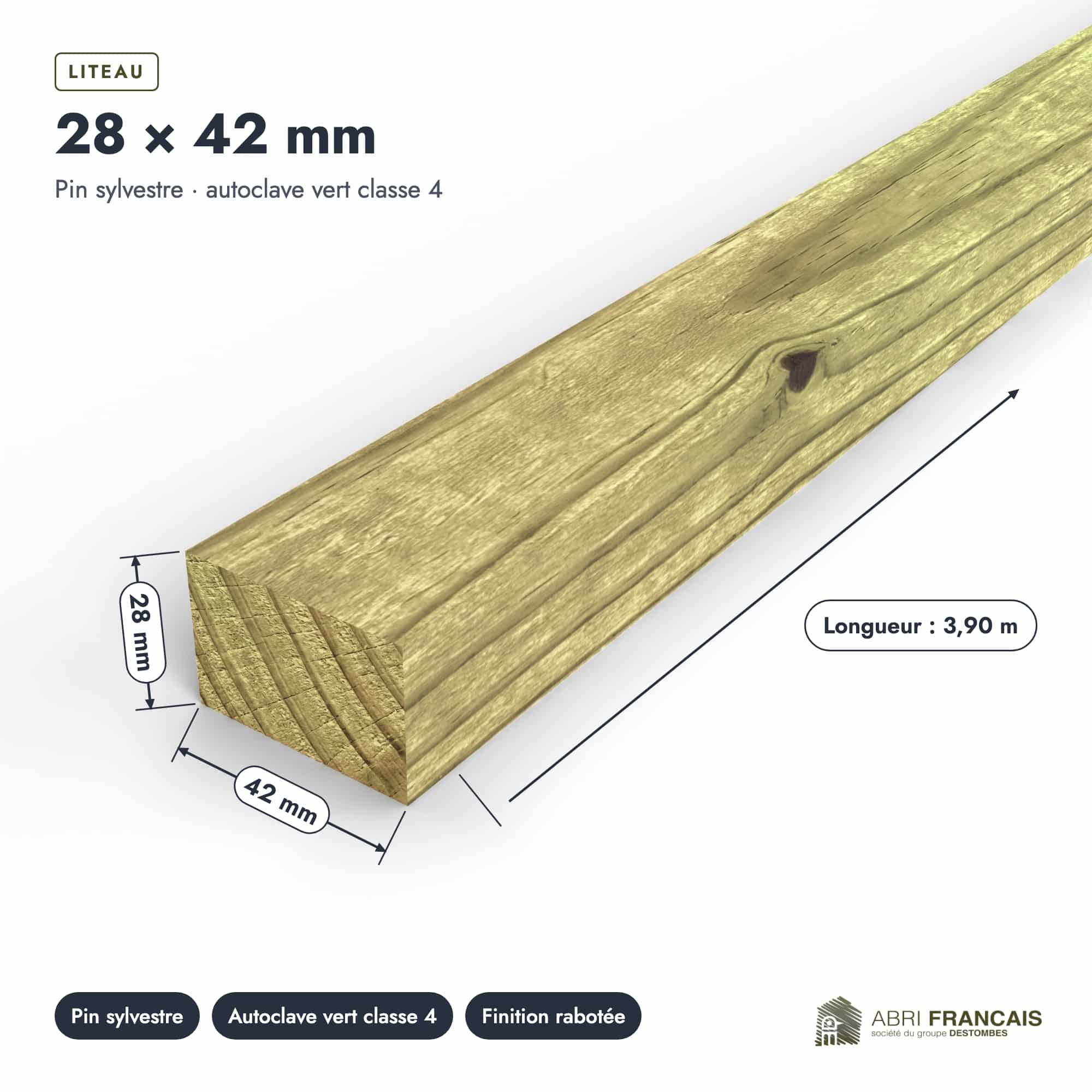 Liteau en pin sylvestre traité autoclave vert classe 4 – Section 28x42 mm, pièce cotée, Abri Français