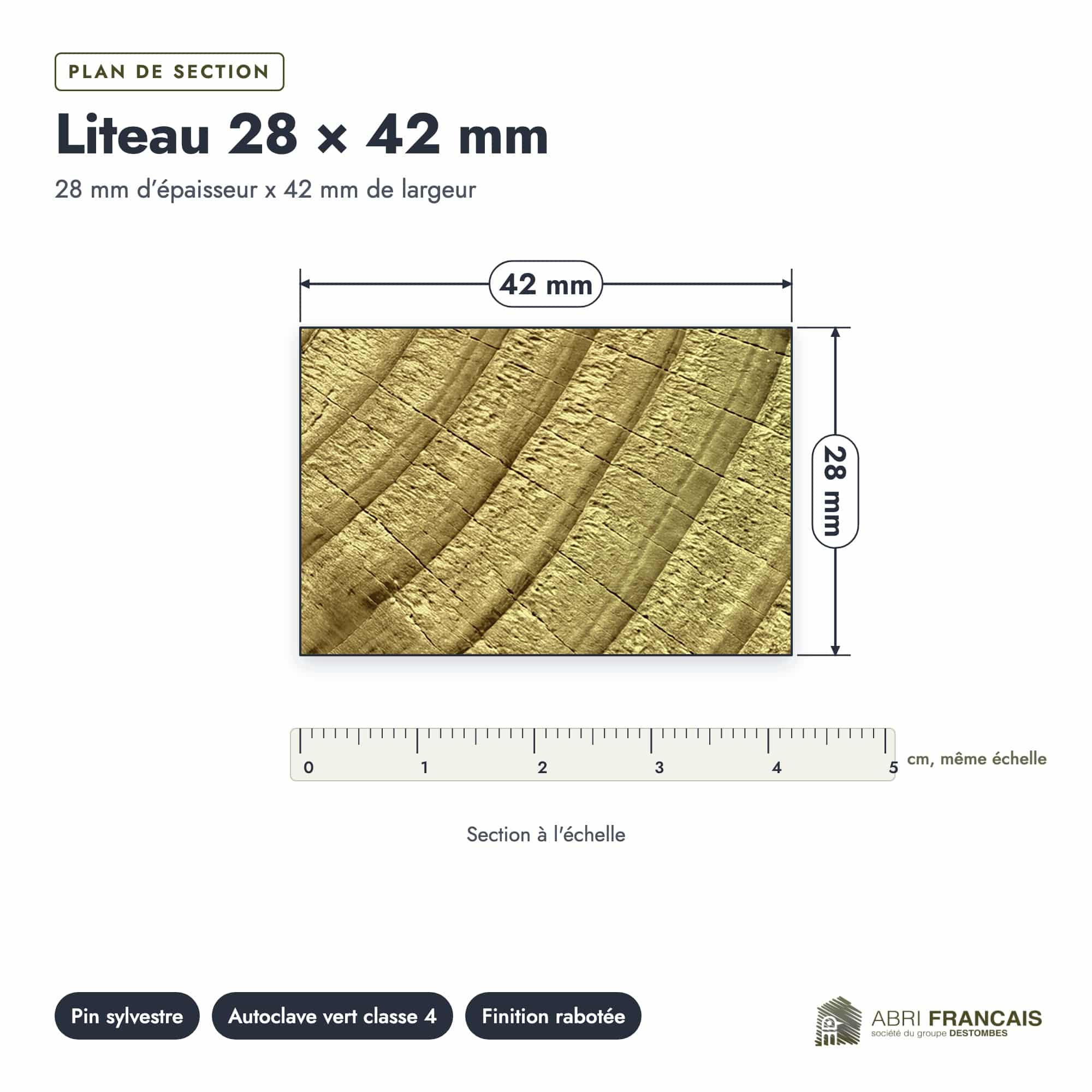Liteau en pin sylvestre traité autoclave vert classe 4 – Section 28x42 mm, plan de section, Abri Français